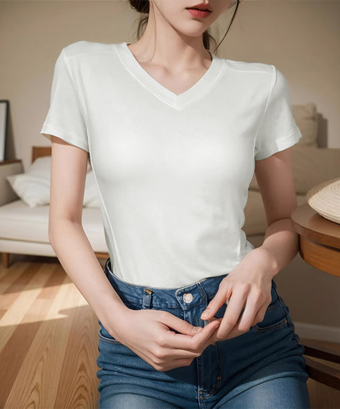無地Tシャツ レディース Vネック 夏 フィットtシャツ 半袖トップス カットソー ベーシック 着やせ きれいめ 大人 オルチャン シンプル細見え 着回し 99FSFS-010