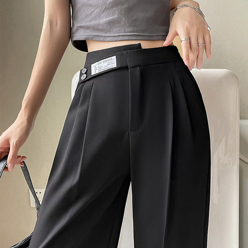 ワイドパンツ アシンメトリー 英字ロゴ レディース セミワイドパンツ ロングパンツ ストレートパンツ ハイウエスト おしゃれ美脚 カジュアル 着やせ 大人お洒落 99FZFZ-018