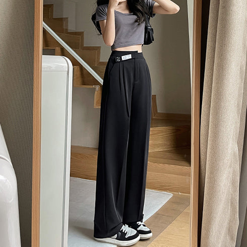ワイドパンツ アシンメトリー 英字ロゴ レディース セミワイドパンツ ロングパンツ ストレートパンツ ハイウエスト おしゃれ美脚 カジュアル 着やせ 大人お洒落 99FZFZ-018