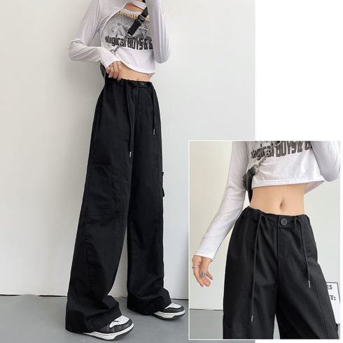 カーゴパンツ ストレート ワイドパンツ レディース ボトムス ベイカーパンツ イージーパンツ ウエスト紐 おしゃれ レトロ 着やせ 春夏秋 カジュアルパンツ 99FZFZ-029
