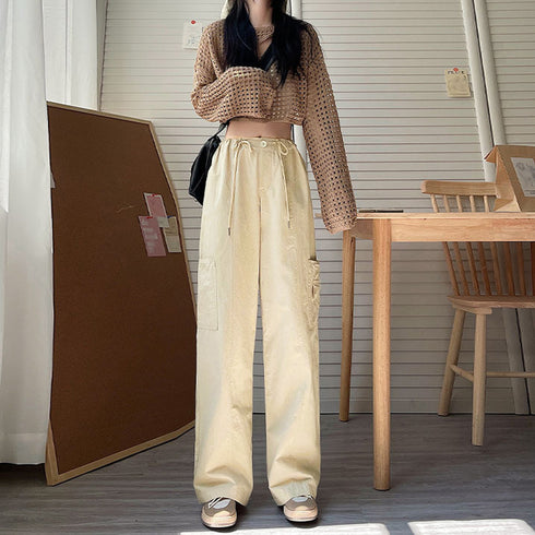 カーゴパンツ ストレート ワイドパンツ レディース ボトムス ベイカーパンツ イージーパンツ ウエスト紐 おしゃれ レトロ 着やせ 春夏秋 カジュアルパンツ 99FZFZ-029