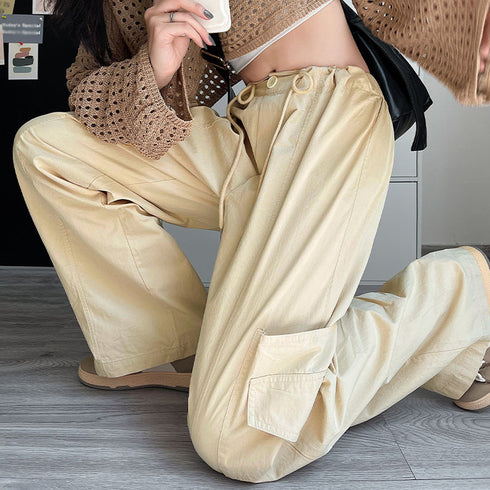 カーゴパンツ ストレート ワイドパンツ レディース ボトムス ベイカーパンツ イージーパンツ ウエスト紐 おしゃれ レトロ 着やせ 春夏秋 カジュアルパンツ 99FZFZ-029