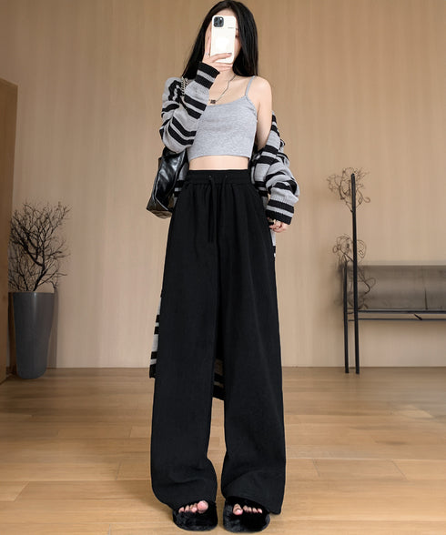 ワイドパンツ ハイウエスト 春秋冬 韓国 レディース ストレート イージーパンツ カジュアル 着やせ ゆったり ウエストゴム 大人 オシャレ リラックスボトムス 99FZFZ-030