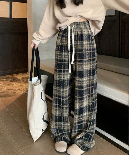 ワイドパンツ チェック柄 レディース 起毛感 ウエストゴム ストリート 体型カバー ゆったり オシャレ リラックス 着やせ ボトムス 韓国風 ダンス衣装 99FZFZ-032