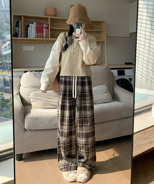 ワイドパンツ チェック柄 レディース 起毛感 ウエストゴム ストリート 体型カバー ゆったり オシャレ リラックス 着やせ ボトムス 韓国風 ダンス衣装 99FZFZ-032