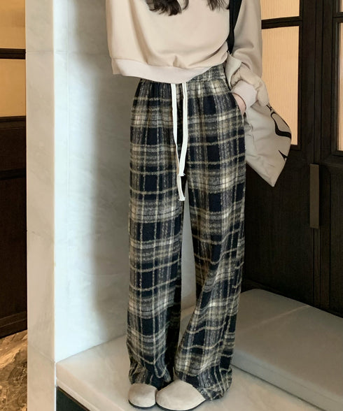 ワイドパンツ チェック柄 レディース 起毛感 ウエストゴム ストリート 体型カバー ゆったり オシャレ リラックス 着やせ ボトムス 韓国風 ダンス衣装 99FZFZ-032
