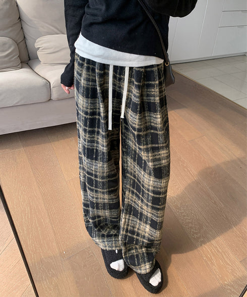 ワイドパンツ チェック柄 レディース 起毛感 ウエストゴム ストリート 体型カバー ゆったり オシャレ リラックス 着やせ ボトムス 韓国風 ダンス衣装 99FZFZ-032