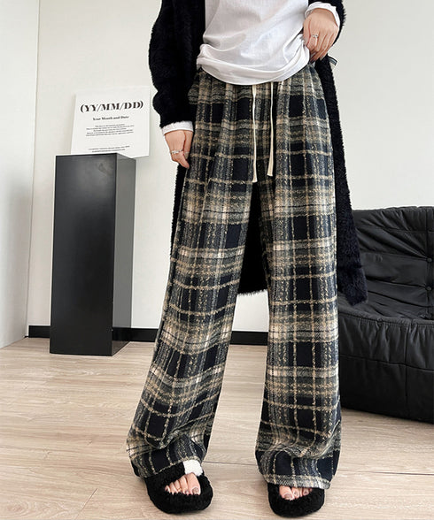 ワイドパンツ チェック柄 レディース 起毛感 ウエストゴム ストリート 体型カバー ゆったり オシャレ リラックス 着やせ ボトムス 韓国風 ダンス衣装 99FZFZ-032