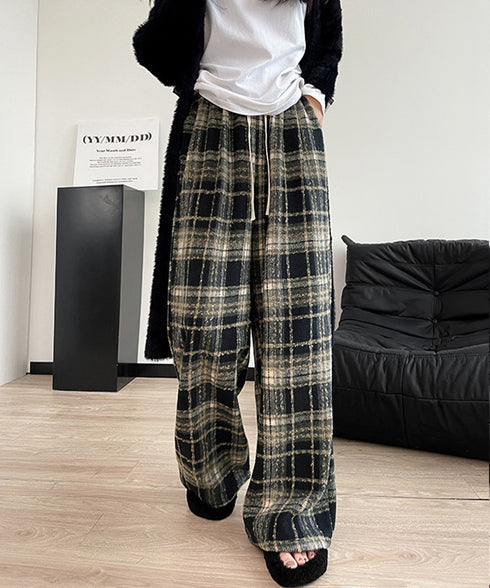 ワイドパンツ チェック柄 レディース 起毛感 ウエストゴム ストリート 体型カバー ゆったり オシャレ リラックス 着やせ ボトムス 韓国風 ダンス衣装 99FZFZ-032