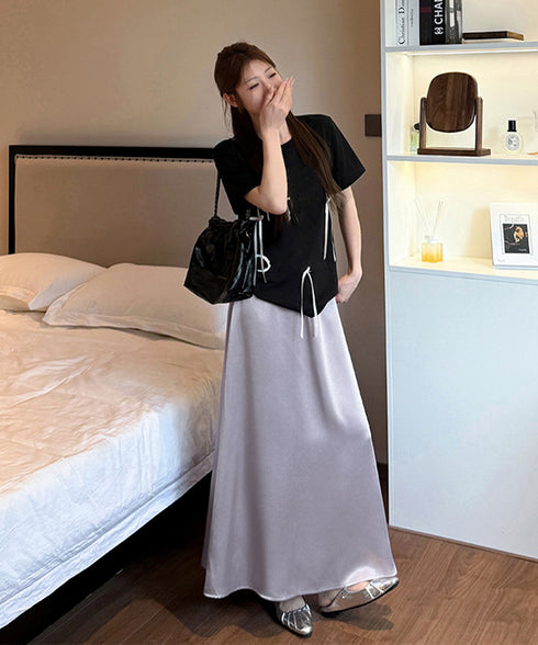 サテンスカート ロングスカート 無地 レディース 体型カバー ゆったり ハイウエスト 脚長 シンプル お洒落 オルチャン 大人 可愛い きれいめ 99FZFZ-034