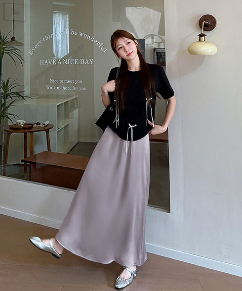 サテンスカート ロングスカート 無地 レディース 体型カバー ゆったり ハイウエスト 脚長 シンプル お洒落 オルチャン 大人 可愛い きれいめ 99FZFZ-034