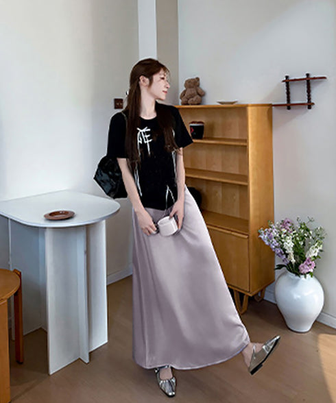 サテンスカート ロングスカート 無地 レディース 体型カバー ゆったり ハイウエスト 脚長 シンプル お洒落 オルチャン 大人 可愛い きれいめ 99FZFZ-034