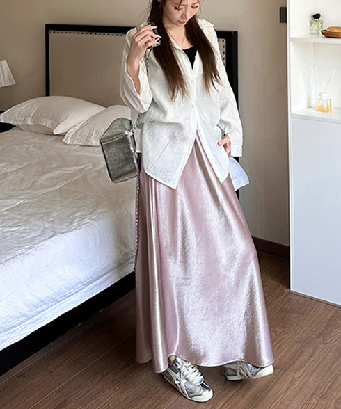 サテンスカート ロングスカート 無地 レディース 体型カバー ゆったり ハイウエスト 脚長 シンプル お洒落 オルチャン 大人 可愛い きれいめ 99FZFZ-034