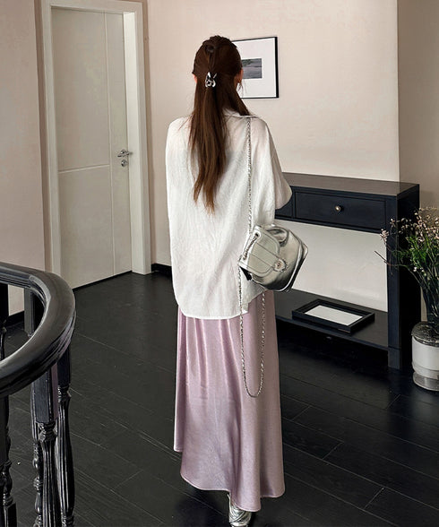 サテンスカート ロングスカート 無地 レディース 体型カバー ゆったり ハイウエスト 脚長 シンプル お洒落 オルチャン 大人 可愛い きれいめ 99FZFZ-034