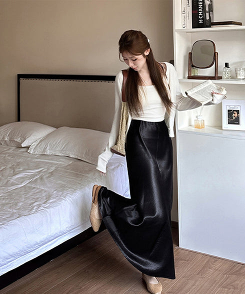 サテンスカート ロングスカート 無地 レディース 体型カバー ゆったり ハイウエスト 脚長 シンプル お洒落 オルチャン 大人 可愛い きれいめ 99FZFZ-034