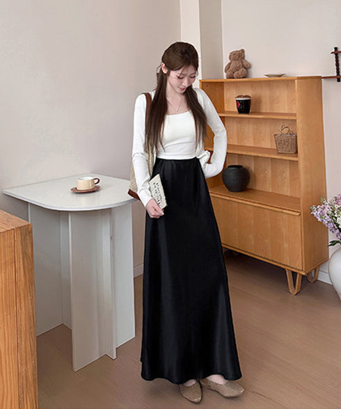 サテンスカート ロングスカート 無地 レディース 体型カバー ゆったり ハイウエスト 脚長 シンプル お洒落 オルチャン 大人 可愛い きれいめ 99FZFZ-034