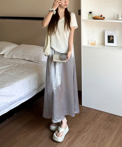 サテンスカート ロングスカート 無地 レディース 体型カバー ゆったり ハイウエスト 脚長 シンプル お洒落 オルチャン 大人 可愛い きれいめ 99FZFZ-034