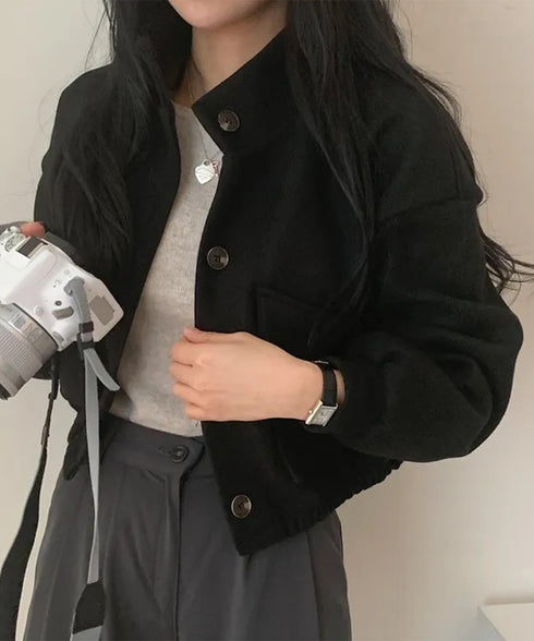 ショート丈ジャケット レディース 無地 トップス ボタン付き ポケット付き ゆったり 着やせ 大人 オルチャン おしゃれ カジュアル シンプル 人気 99FZFZ-036