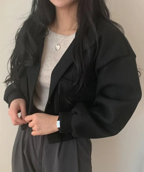 ショート丈ジャケット レディース 無地 トップス ボタン付き ポケット付き ゆったり 着やせ 大人 オルチャン おしゃれ カジュアル シンプル 人気 99FZFZ-036