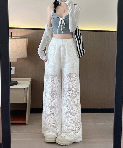 レース ワイドパンツ セクシー 春夏 レディース ゆったり ストレートパンツ ハイウエスト ウエストゴム ルーズカジュアル きれいめ 着やせ 韓国風ダンス衣装 99FZFZ-039