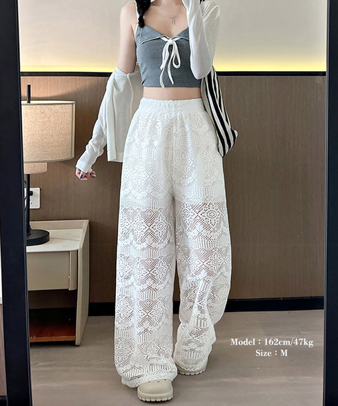 レース ワイドパンツ セクシー 春夏 レディース ゆったり ストレートパンツ ハイウエスト ウエストゴム ルーズカジュアル きれいめ 着やせ 韓国風ダンス衣装 99FZFZ-039