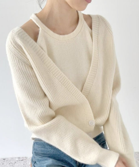 ニットトップス レディース 2点セット ニットカーディガン ニットキャミソール 肌見せ 無地 ボタン おしゃれ きれいめ 大人 フェミニン カジュアル 99GLT-002