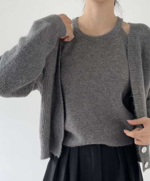 ニットトップス レディース 2点セット ニットカーディガン ニットキャミソール 肌見せ 無地 ボタン おしゃれ きれいめ 大人 フェミニン カジュアル 99GLT-002