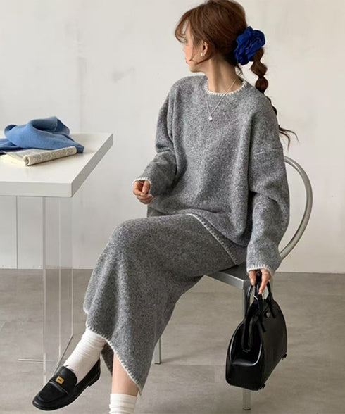 ニットセットアップ 上下セット 配色 レディース トップス ボトムス セーター スカート 体型カバー 無地 きれいめ おしゃれ 大人 オフィスカジュアル 99GLT-004