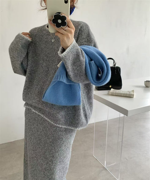 ニットセットアップ 上下セット 配色 レディース トップス ボトムス セーター スカート 体型カバー 無地 きれいめ おしゃれ 大人 オフィスカジュアル 99GLT-004