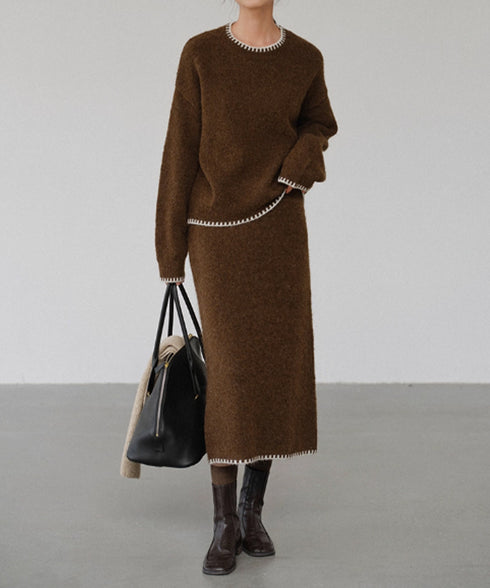 ニットセットアップ 上下セット 配色 レディース トップス ボトムス セーター スカート 体型カバー 無地 きれいめ おしゃれ 大人 オフィスカジュアル 99GLT-004