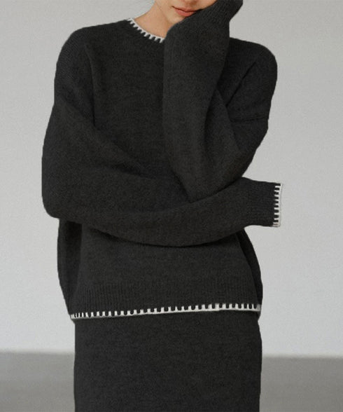 ニットセットアップ 上下セット 配色 レディース トップス ボトムス セーター スカート 体型カバー 無地 きれいめ おしゃれ 大人 オフィスカジュアル 99GLT-004