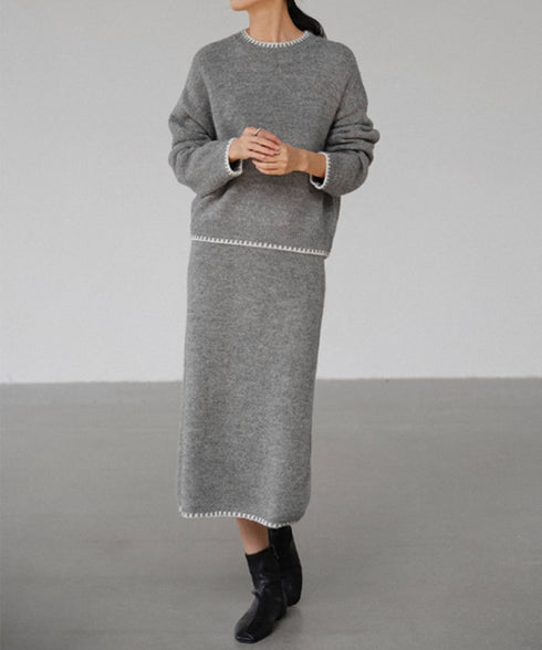 ニットセットアップ 上下セット 配色 レディース トップス ボトムス セーター スカート 体型カバー 無地 きれいめ おしゃれ 大人 オフィスカジュアル 99GLT-004