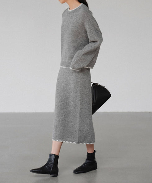 ニットセットアップ 上下セット 配色 レディース トップス ボトムス セーター スカート 体型カバー 無地 きれいめ おしゃれ 大人 オフィスカジュアル 99GLT-004