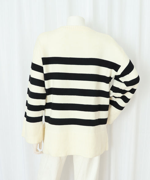 ニットトップス レディース ボーダー セーター プルオーバー クルーネック サイドスリット 着やせ 着回し 大人 可愛い カジュアル お洒落 春秋 99GLT-005