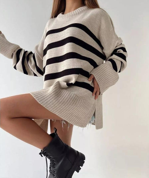 ニットトップス レディース ボーダー セーター プルオーバー クルーネック サイドスリット 着やせ 着回し 大人 可愛い カジュアル お洒落 春秋 99GLT-005