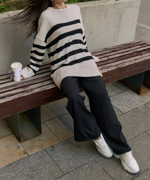 ニットトップス レディース ボーダー セーター プルオーバー クルーネック サイドスリット 着やせ 着回し 大人 可愛い カジュアル お洒落 春秋 99GLT-005
