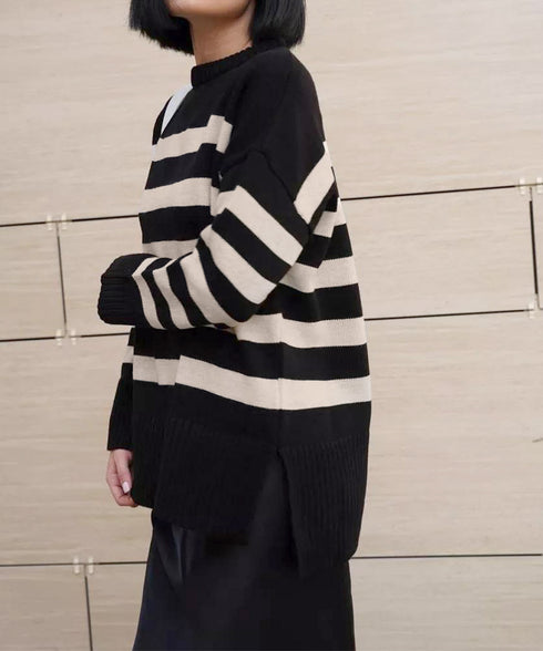 ニットトップス レディース ボーダー セーター プルオーバー クルーネック サイドスリット 着やせ 着回し 大人 可愛い カジュアル お洒落 春秋 99GLT-005