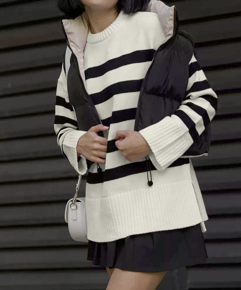 ニットトップス レディース ボーダー セーター プルオーバー クルーネック サイドスリット 着やせ 着回し 大人 可愛い カジュアル お洒落 春秋 99GLT-005