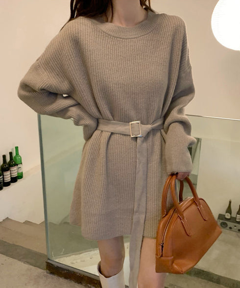 ニットワンピース レディース ベルト付き 長袖ワンピース セーター セクシー ゆったり 着回し 体型カバー 着やせ 無地 お洒落 大人 可愛い 人気 99GLT-006