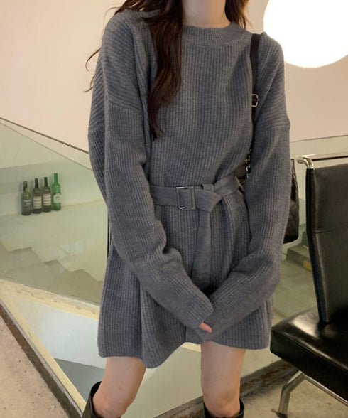 ニットワンピース レディース ベルト付き 長袖ワンピース セーター セクシー ゆったり 着回し 体型カバー 着やせ 無地 お洒落 大人 可愛い 人気 99GLT-006