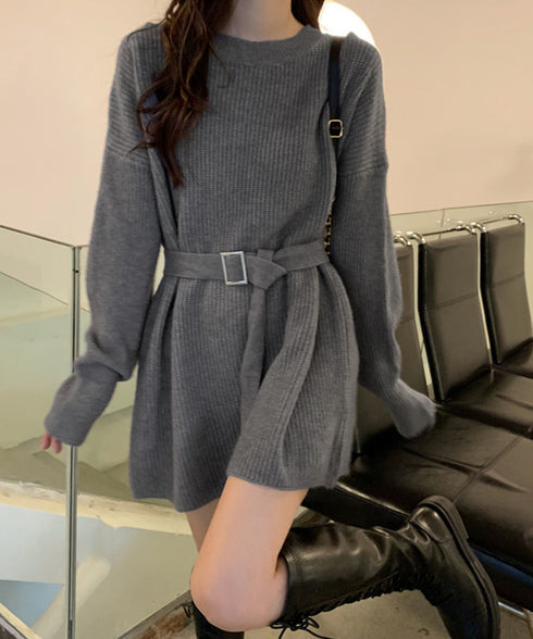 ニットワンピース レディース ベルト付き 長袖ワンピース セーター セクシー ゆったり 着回し 体型カバー 着やせ 無地 お洒落 大人 可愛い 人気 99GLT-006