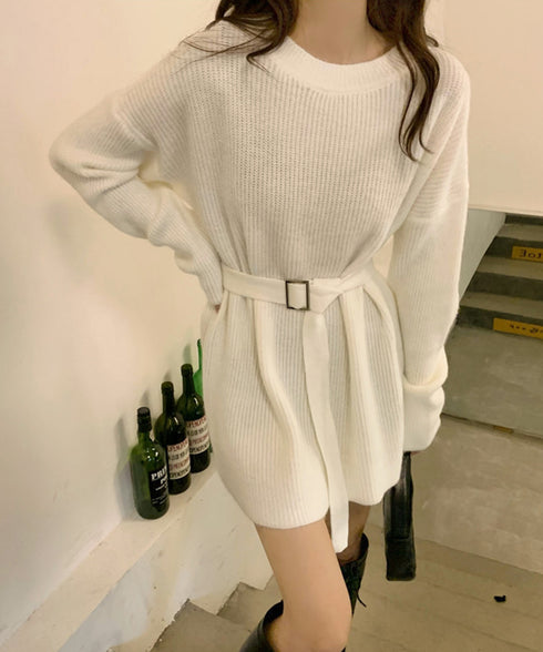ニットワンピース レディース ベルト付き 長袖ワンピース セーター セクシー ゆったり 着回し 体型カバー 着やせ 無地 お洒落 大人 可愛い 人気 99GLT-006