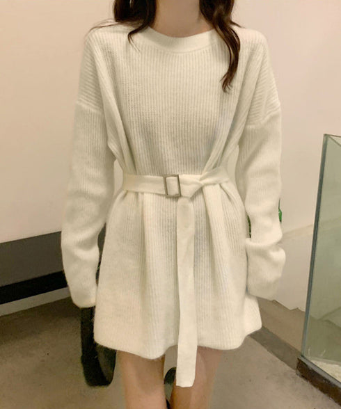 ニットワンピース レディース ベルト付き 長袖ワンピース セーター セクシー ゆったり 着回し 体型カバー 着やせ 無地 お洒落 大人 可愛い 人気 99GLT-006