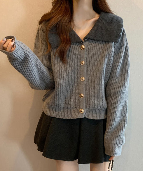 ニットカーディガン レディース 大きめ襟 ニットウェア 体型カバー 配色 前開き ボタン 羽織り ゆったり きれいめ 無地 大人 可愛い おしゃれ 着回し 99GLT-007