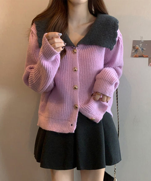 ニットカーディガン レディース 大きめ襟 ニットウェア 体型カバー 配色 前開き ボタン 羽織り ゆったり きれいめ 無地 大人 可愛い おしゃれ 着回し 99GLT-007