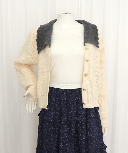 ニットカーディガン レディース 大きめ襟 ニットウェア 体型カバー 配色 前開き ボタン 羽織り ゆったり きれいめ 無地 大人 可愛い おしゃれ 着回し 99GLT-007