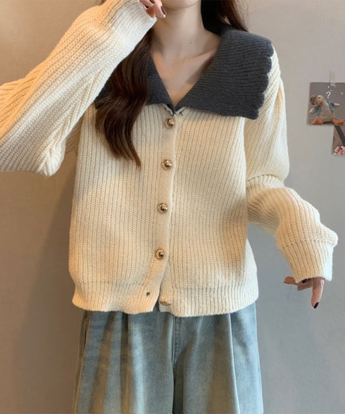 ニットカーディガン レディース 大きめ襟 ニットウェア 体型カバー 配色 前開き ボタン 羽織り ゆったり きれいめ 無地 大人 可愛い おしゃれ 着回し 99GLT-007