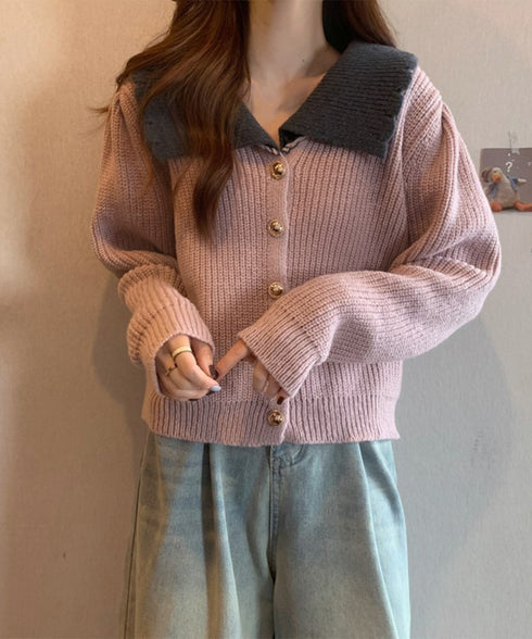 ニットカーディガン レディース 大きめ襟 ニットウェア 体型カバー 配色 前開き ボタン 羽織り ゆったり きれいめ 無地 大人 可愛い おしゃれ 着回し 99GLT-007
