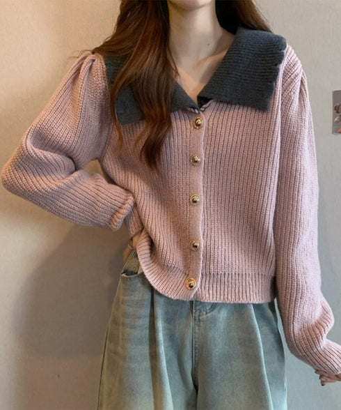 ニットカーディガン レディース 大きめ襟 ニットウェア 体型カバー 配色 前開き ボタン 羽織り ゆったり きれいめ 無地 大人 可愛い おしゃれ 着回し 99GLT-007