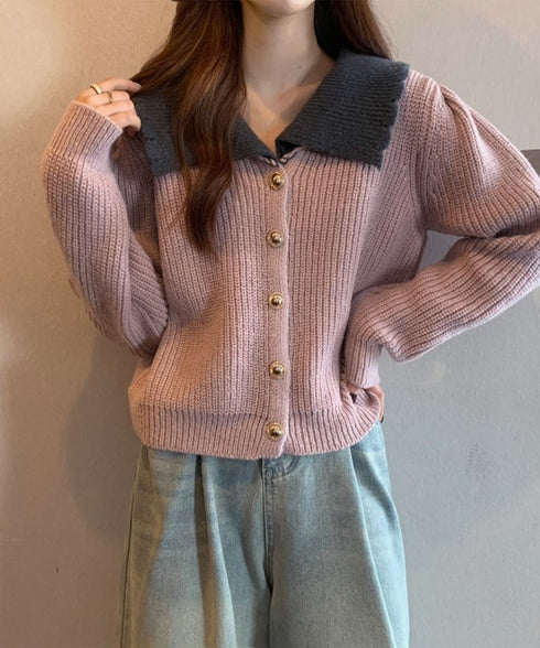 ニットカーディガン レディース 大きめ襟 ニットウェア 体型カバー 配色 前開き ボタン 羽織り ゆったり きれいめ 無地 大人 可愛い おしゃれ 着回し 99GLT-007